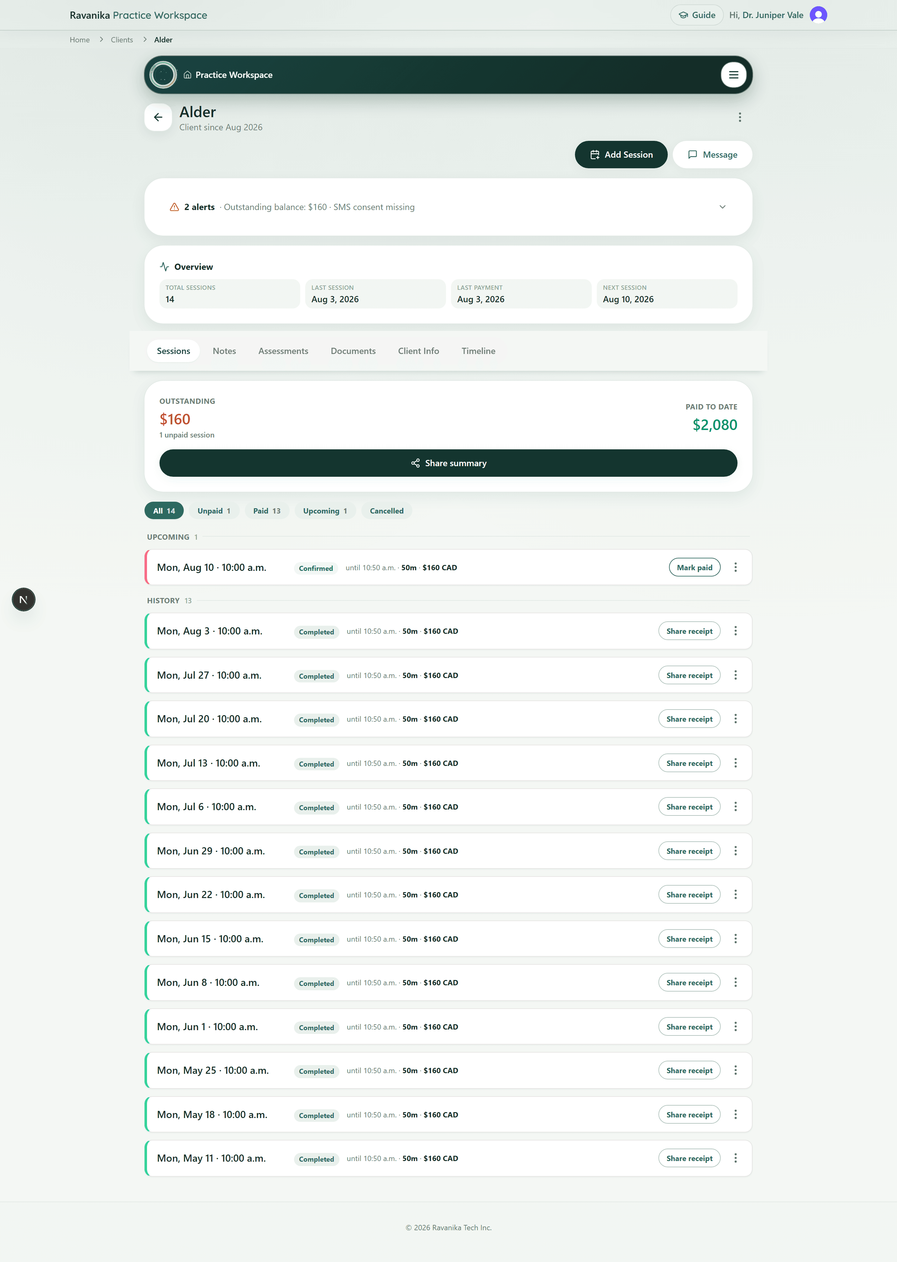 A client record showing session history, payment status and follow-up settings.