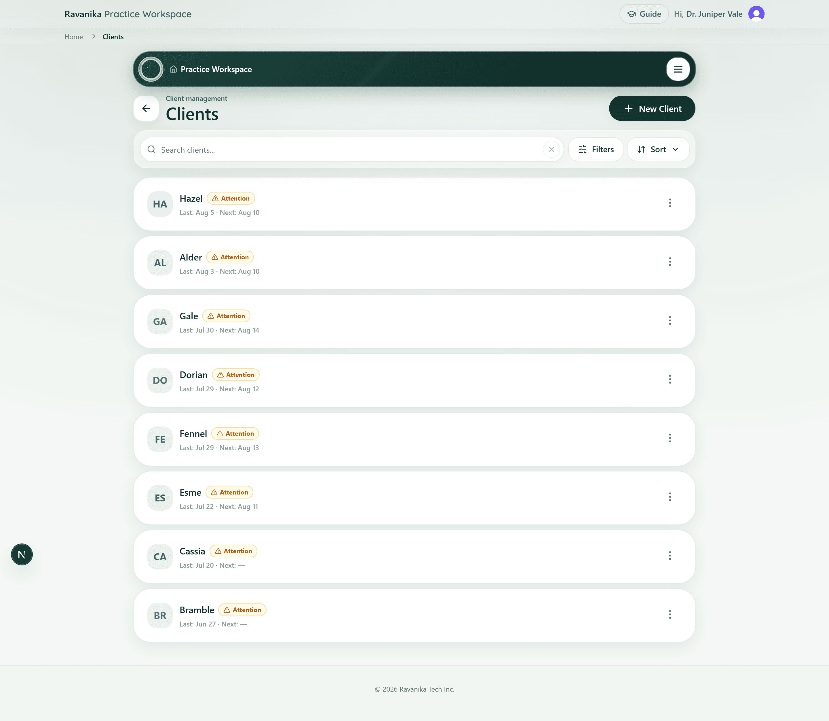 Ravanika client list showing searchable client records, status, last session, next session, and attention indicators