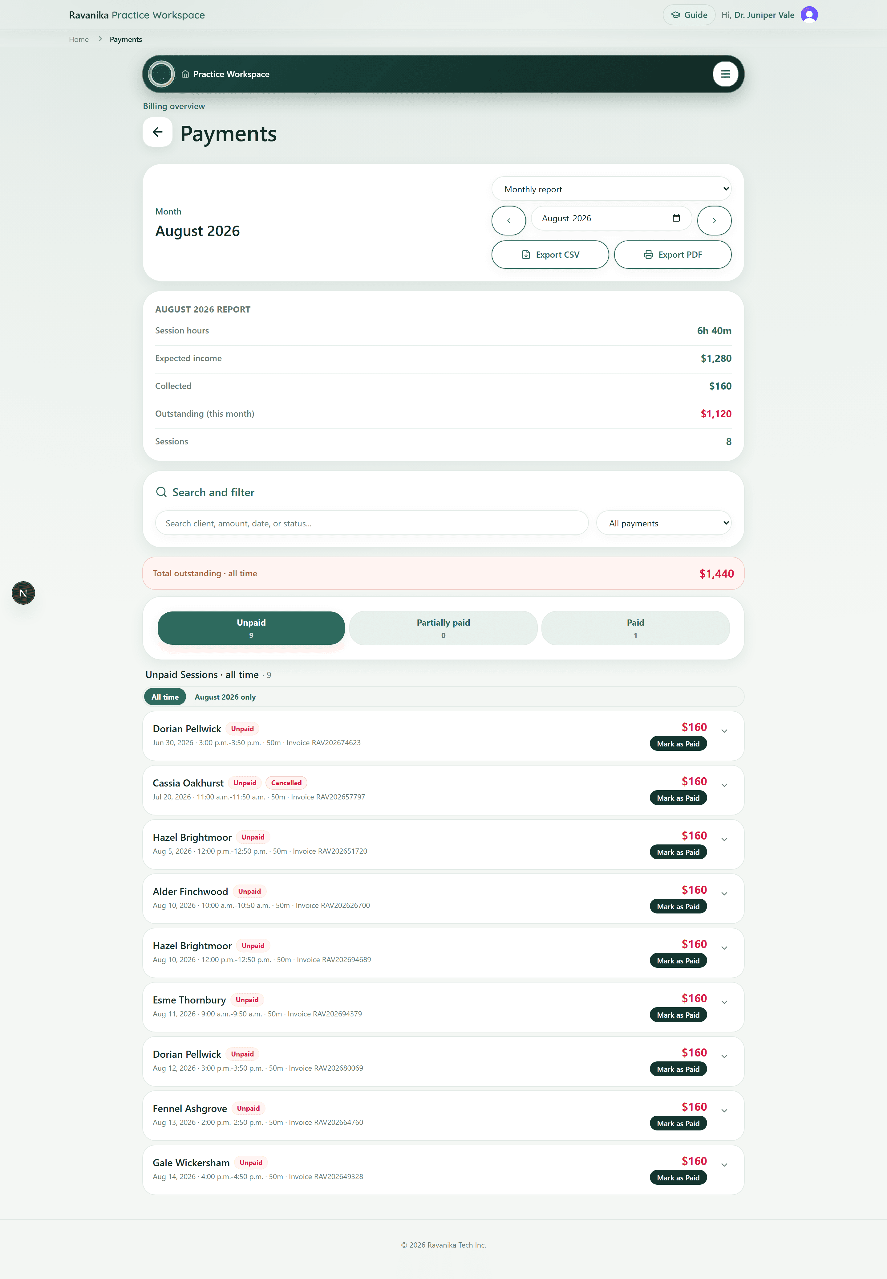The payments view in the counsellor workspace, showing paid and outstanding sessions with amounts.