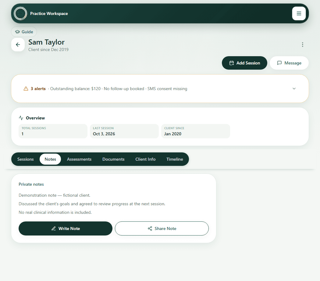 Current Ravanika client record with the Notes tab selected, a fictional private note, and write and share controls