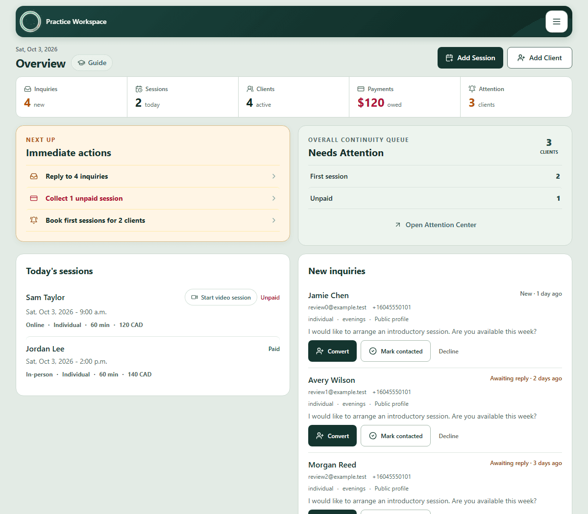 Ravanika dashboard showing inquiries, sessions, active clients, outstanding payments, attention items, today's sessions, and new inquiries