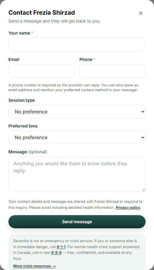 The contact form on a provider profile, with fields for name, email, phone, preferred time and an optional message, above a note that Ravanika is not an emergency service.
