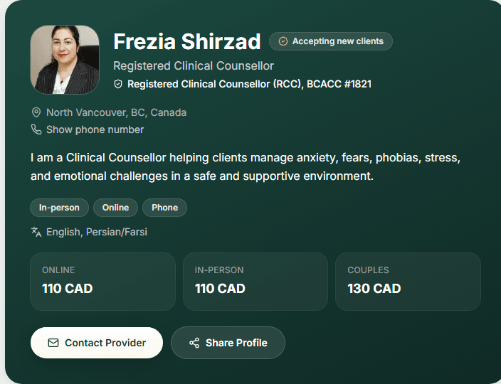 A live Ravanika provider profile showing credentials, location, session formats, languages, fees, and a contact button