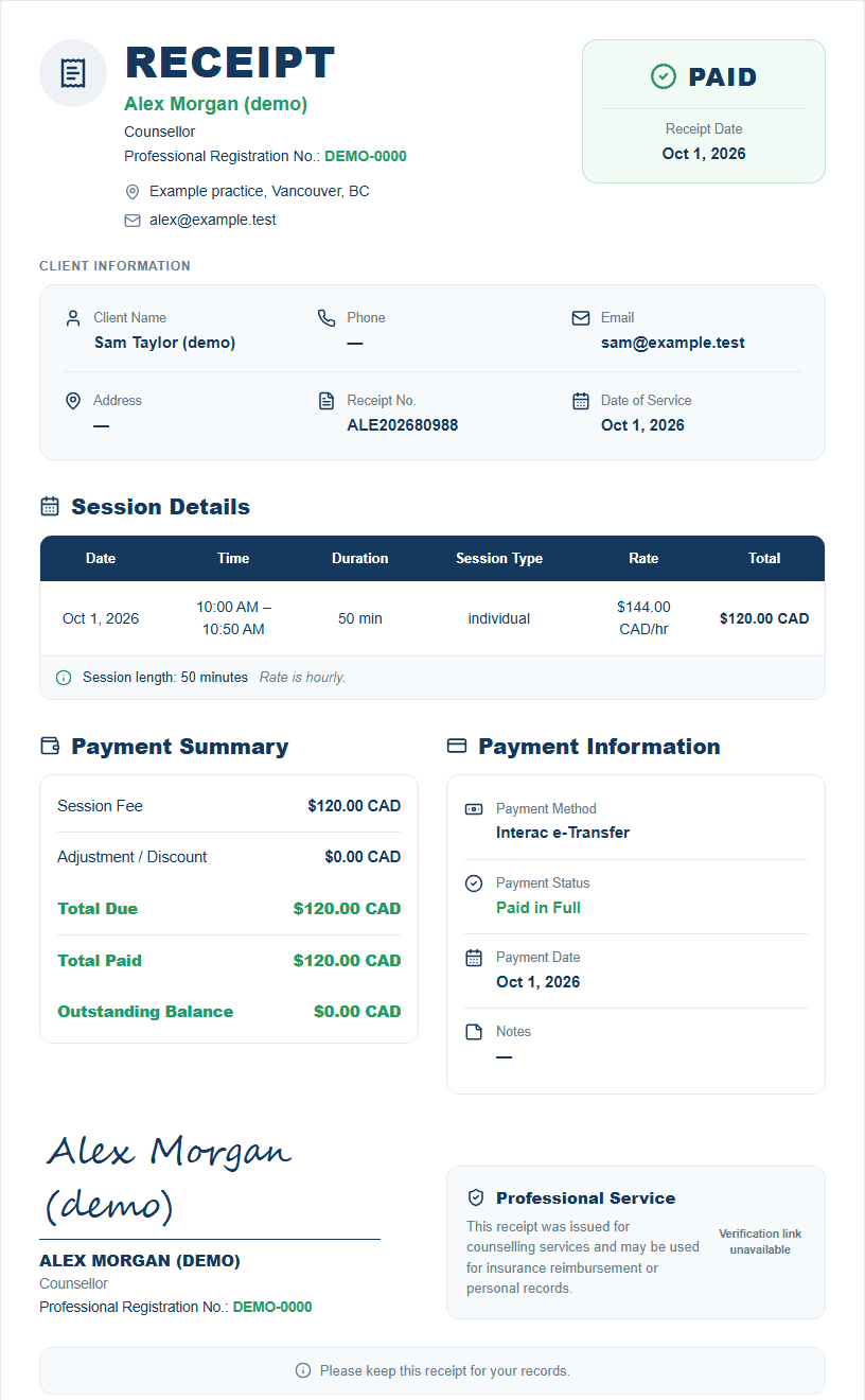 Sample Ravanika paid receipt showing provider credentials, client and session details, itemized fees, payment method, date and remaining balance