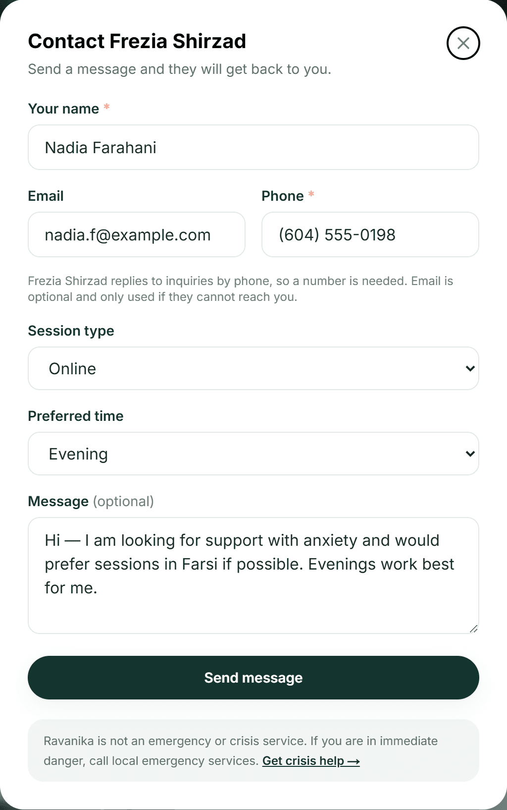 Ravanika provider inquiry form collecting contact information, session type, preferred time, and an optional message