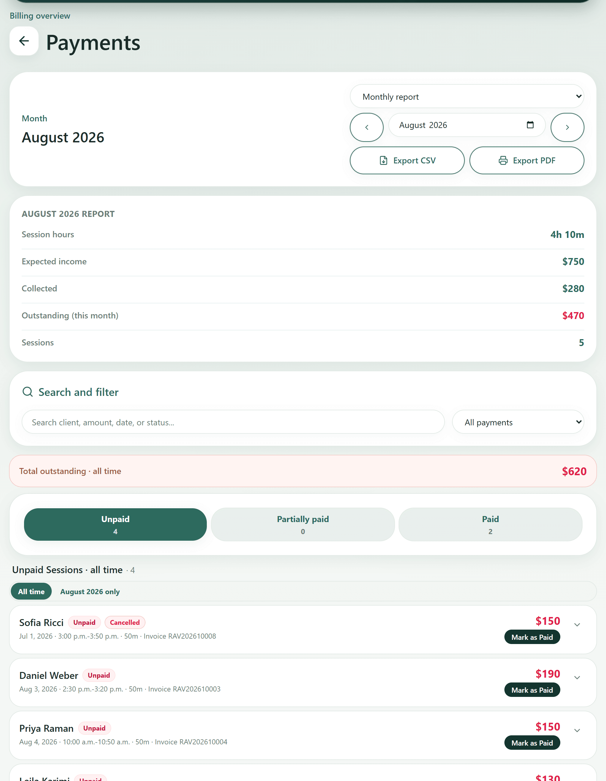 Ravanika payments page showing expected income, collected and outstanding amounts, payment status, and export controls