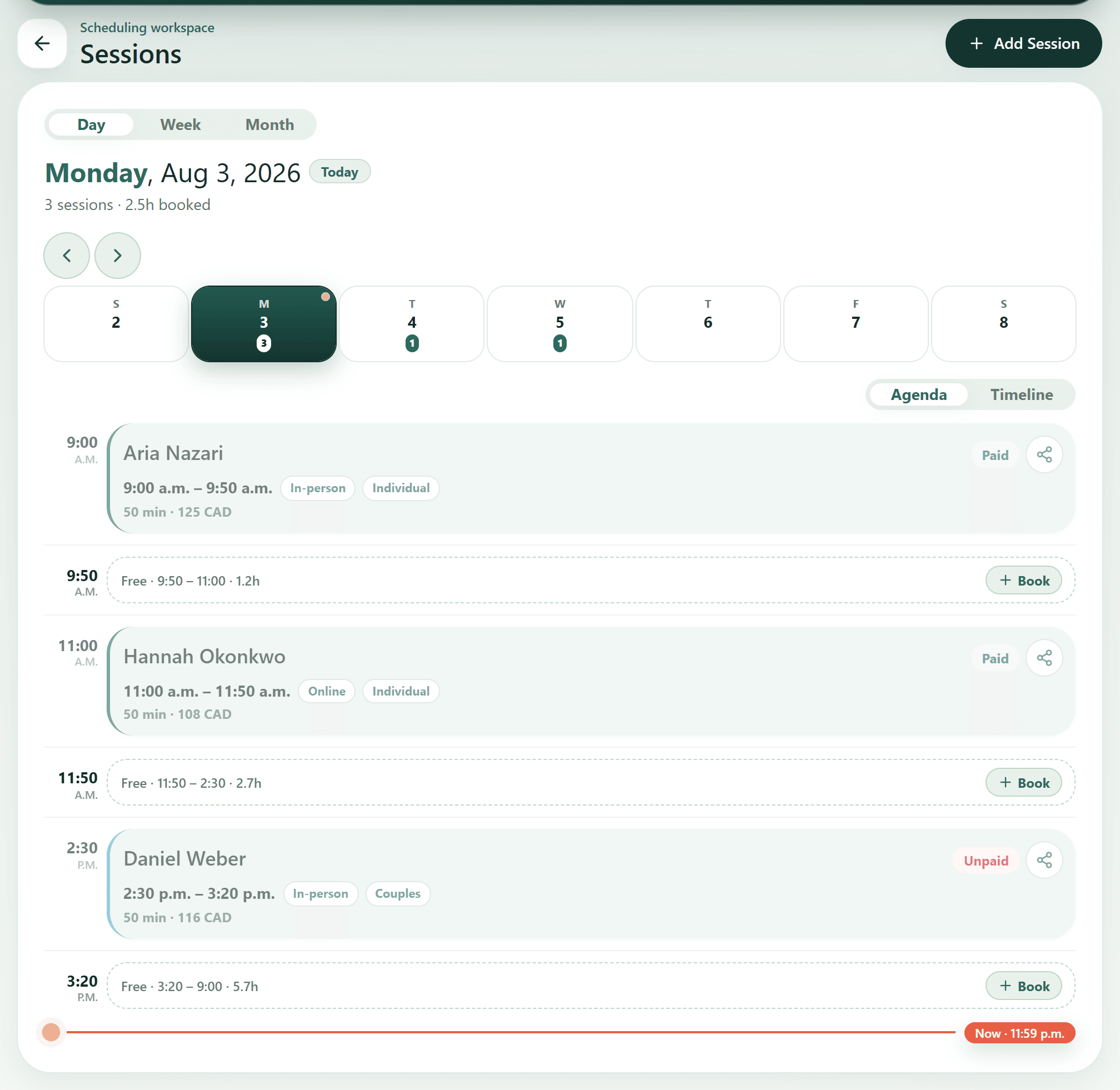 Ravanika session calendar with day, week, and month views, booked sessions, open time, session format, duration, fee, and payment status