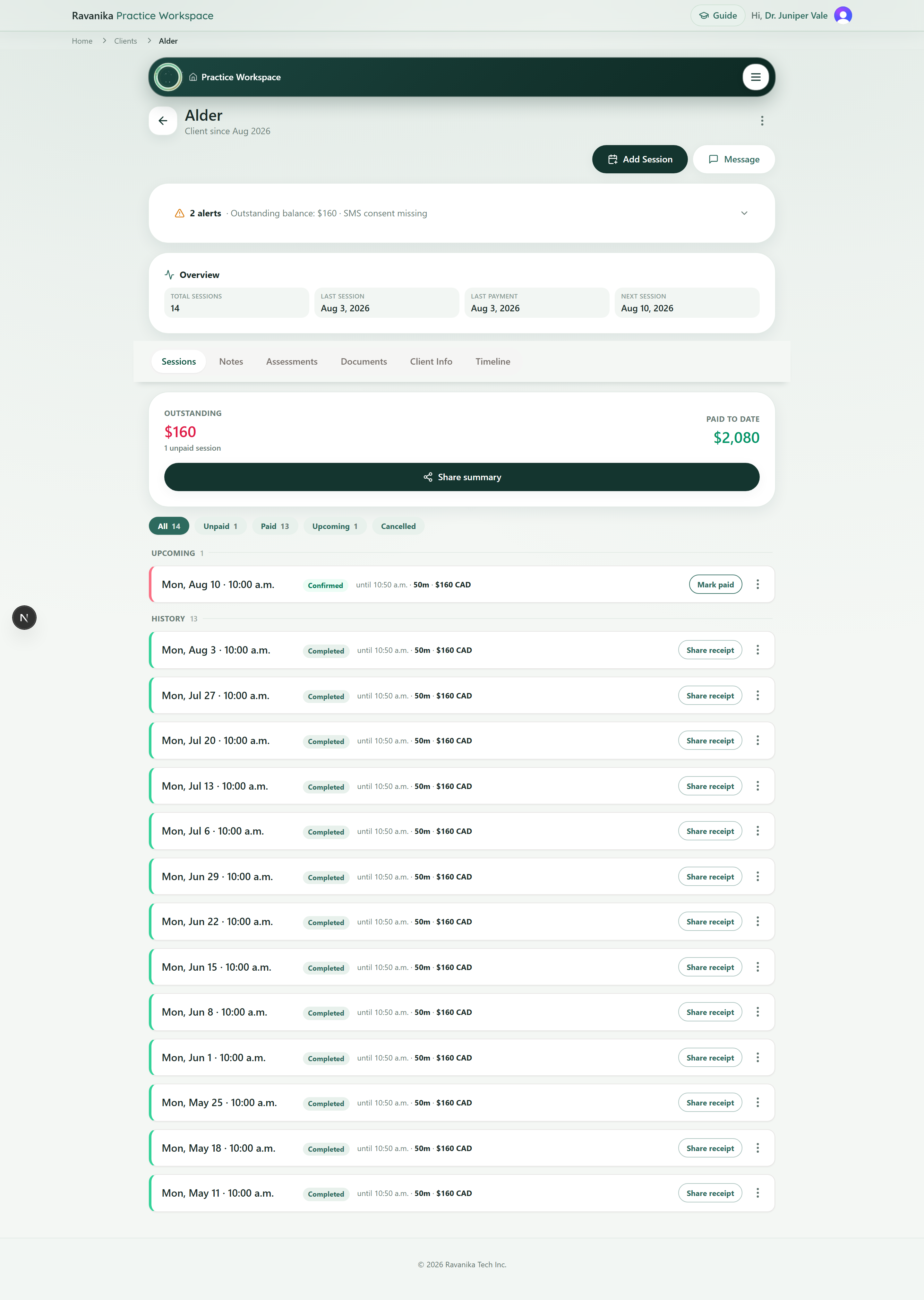 A client record showing session history, payment status and follow-up settings.