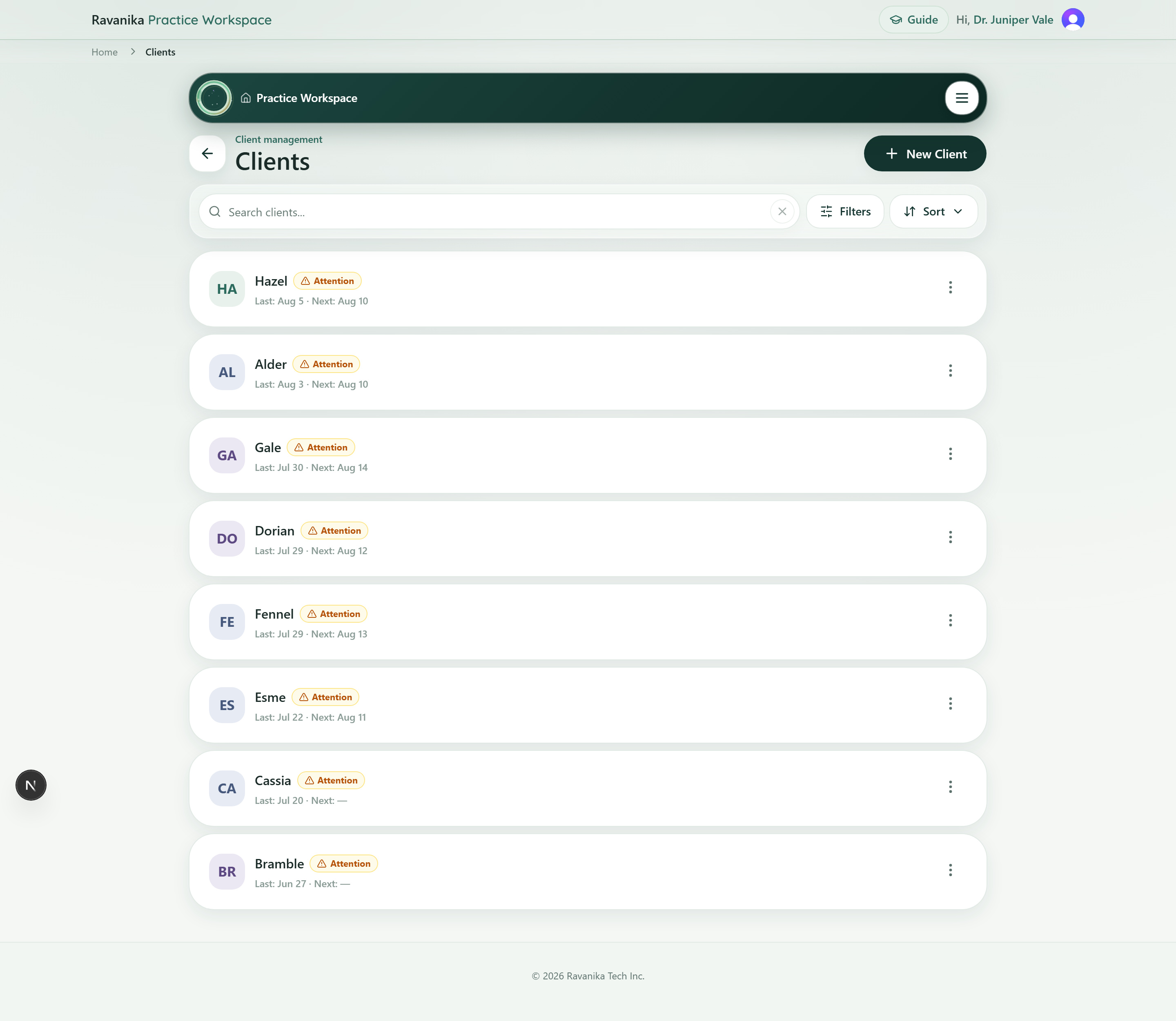 The client list in the counsellor workspace, showing eight active clients with their status and last session.