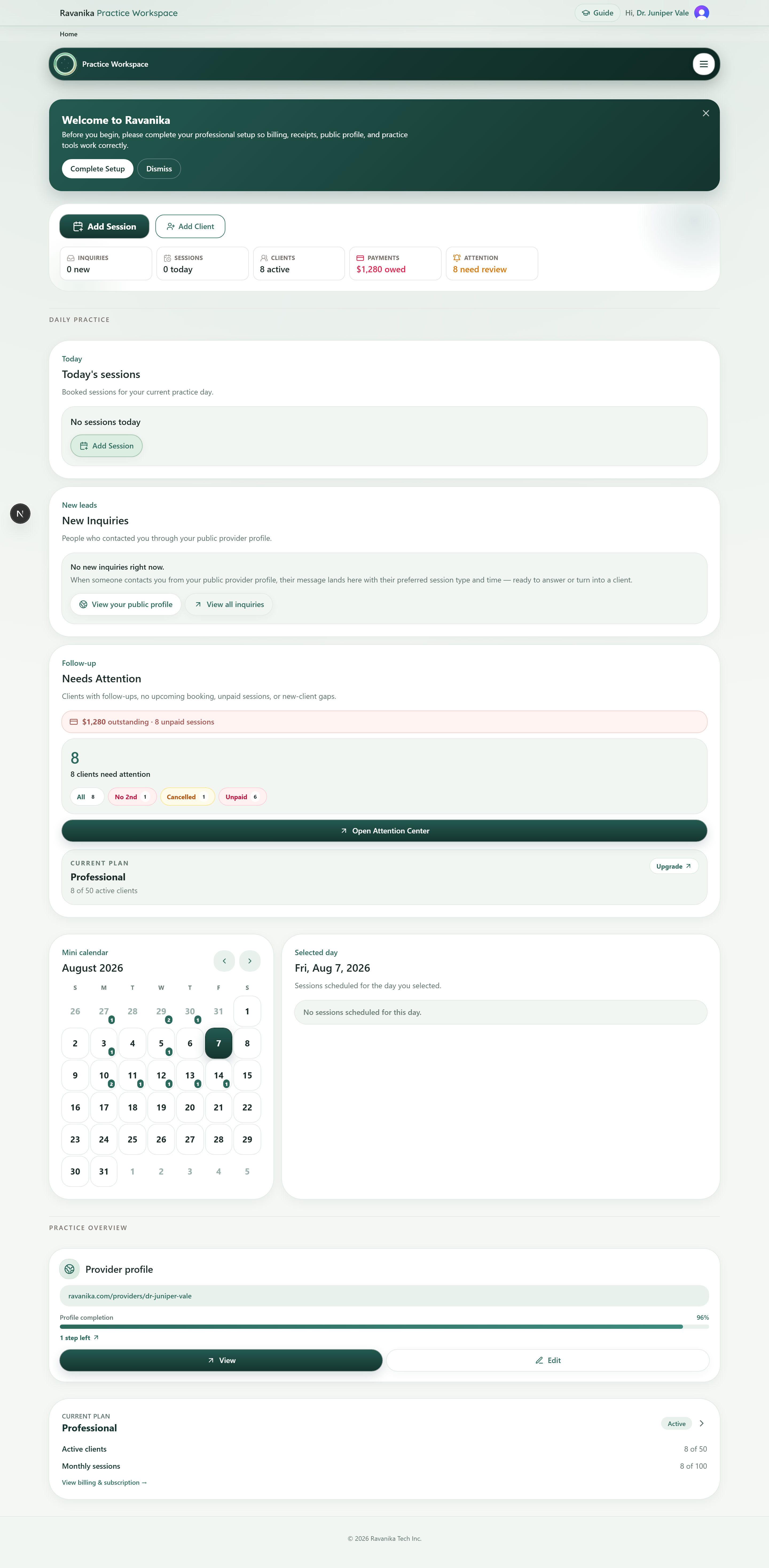 The counsellor workspace dashboard showing the day's sessions, new inquiries, amounts owed and the number of clients needing attention.