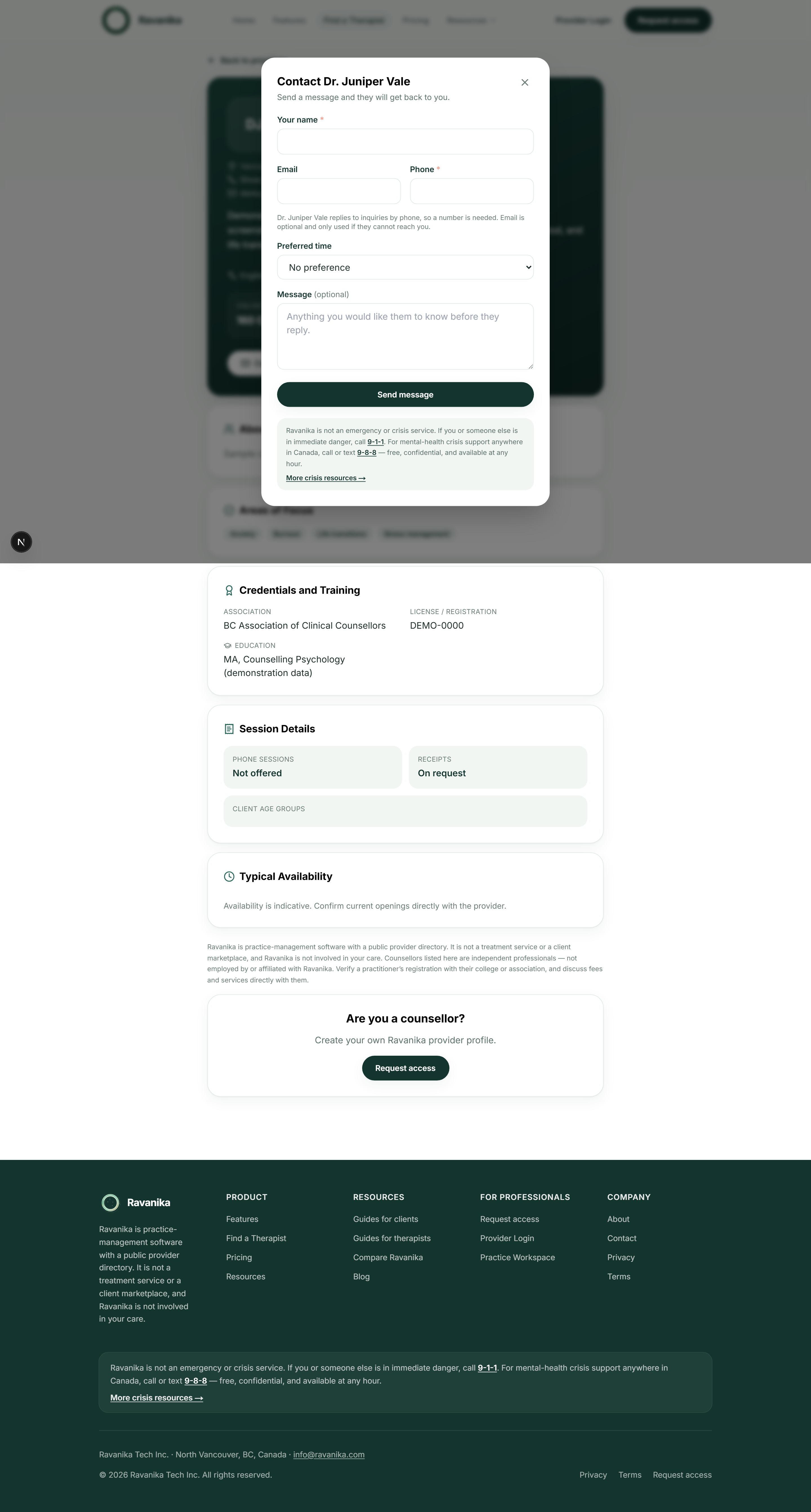 The contact form on a provider profile, with fields for name, email, phone, preferred time and an optional message, above a note that Ravanika is not an emergency service.