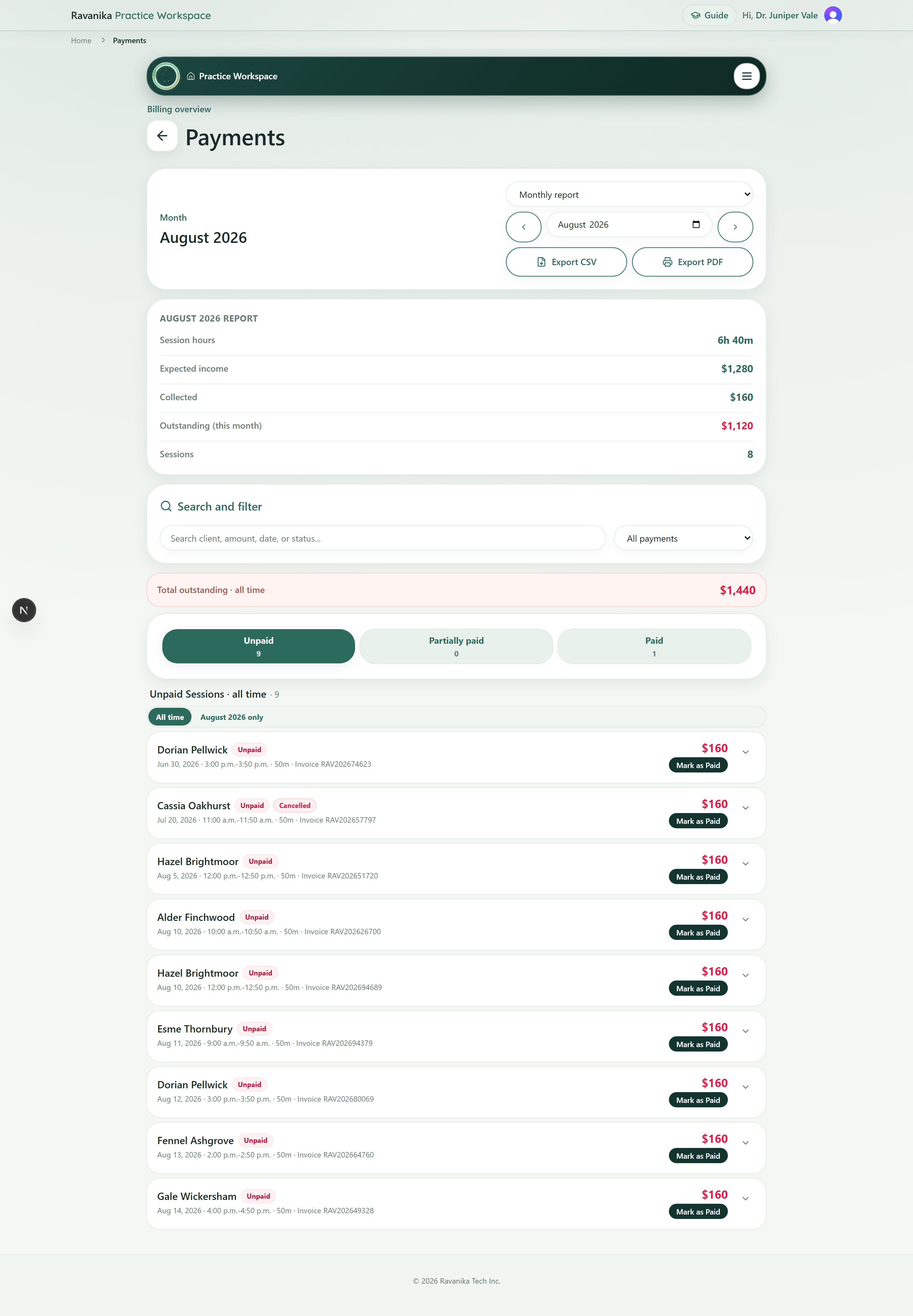 The payments view in the counsellor workspace, showing paid and outstanding sessions with amounts.