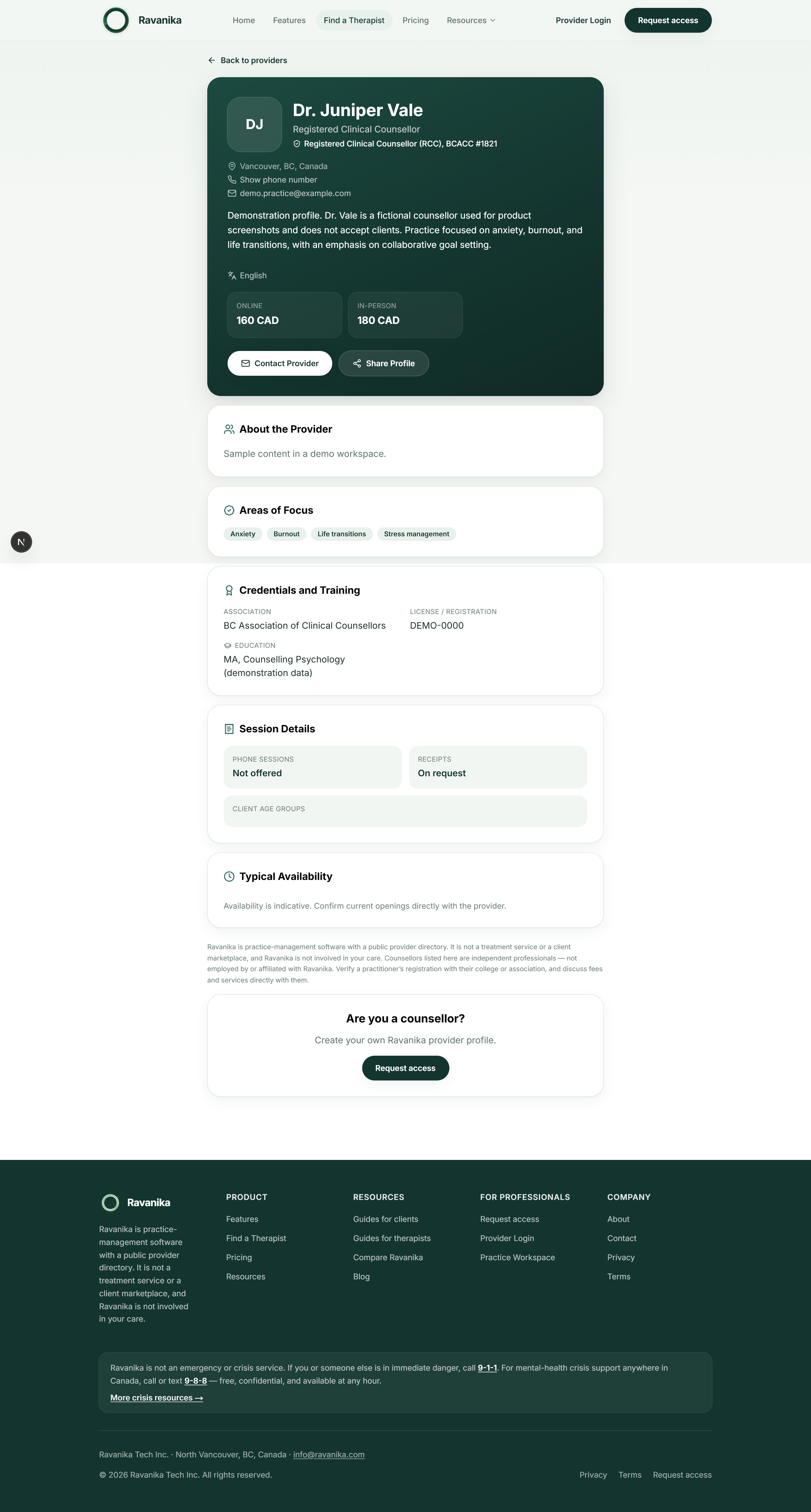 A public provider profile showing the counsellor's name, registered title, location, fees, areas of focus, and credentials and training.
