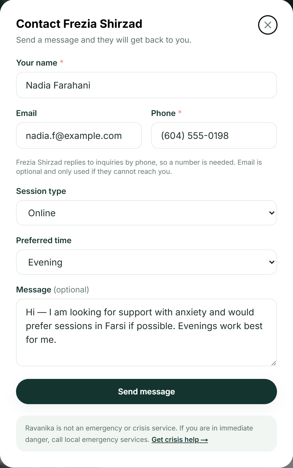 The Ravanika contact form open on a provider profile, with name, email, phone, session type set to online, preferred time set to evening, and a message