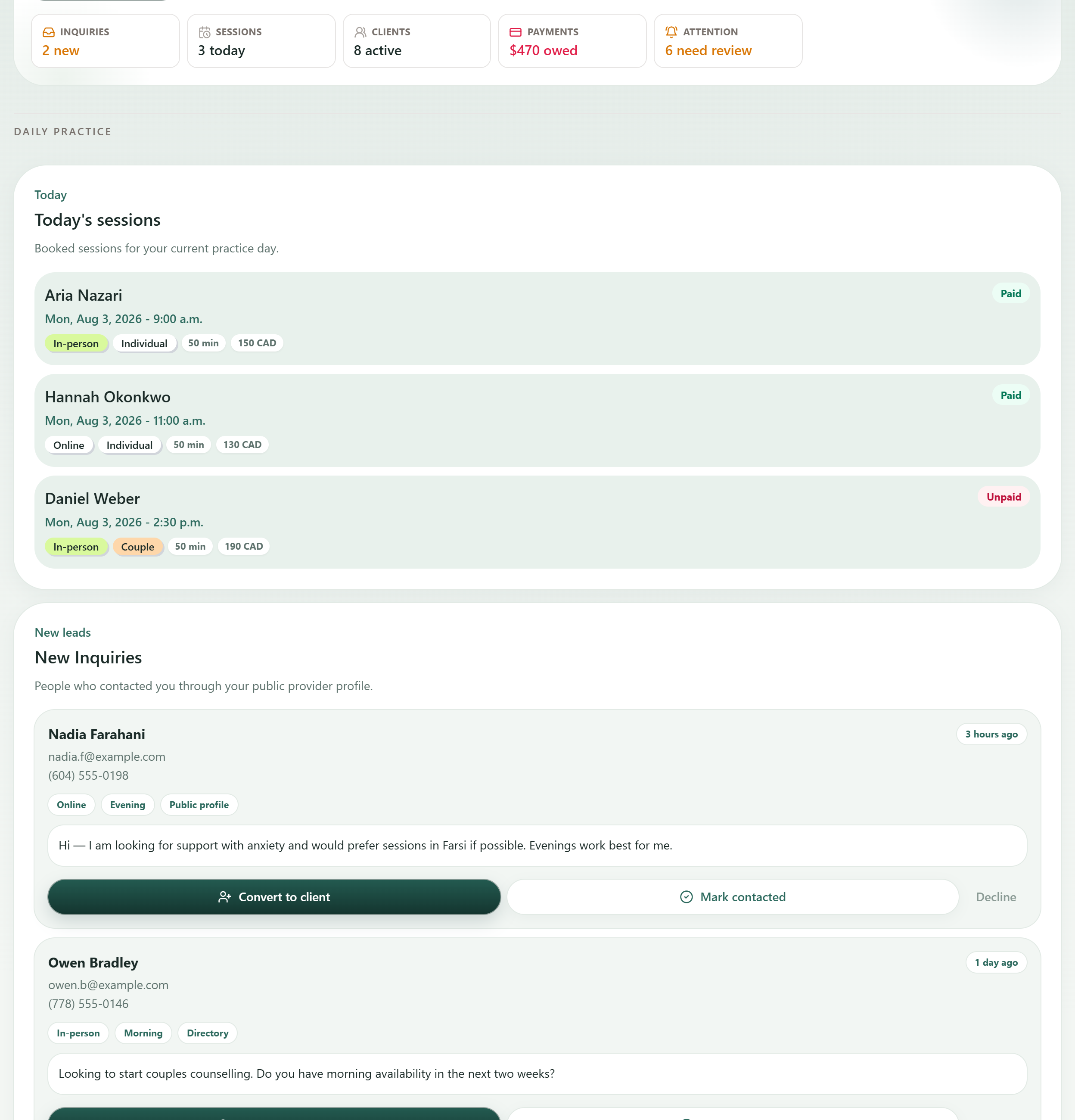 Ravanika counsellor dashboard showing five counters — 2 new inquiries, 3 sessions today, 8 active clients, $470 owed, 6 needing review — above a list of today's sessions and a new inquiries card