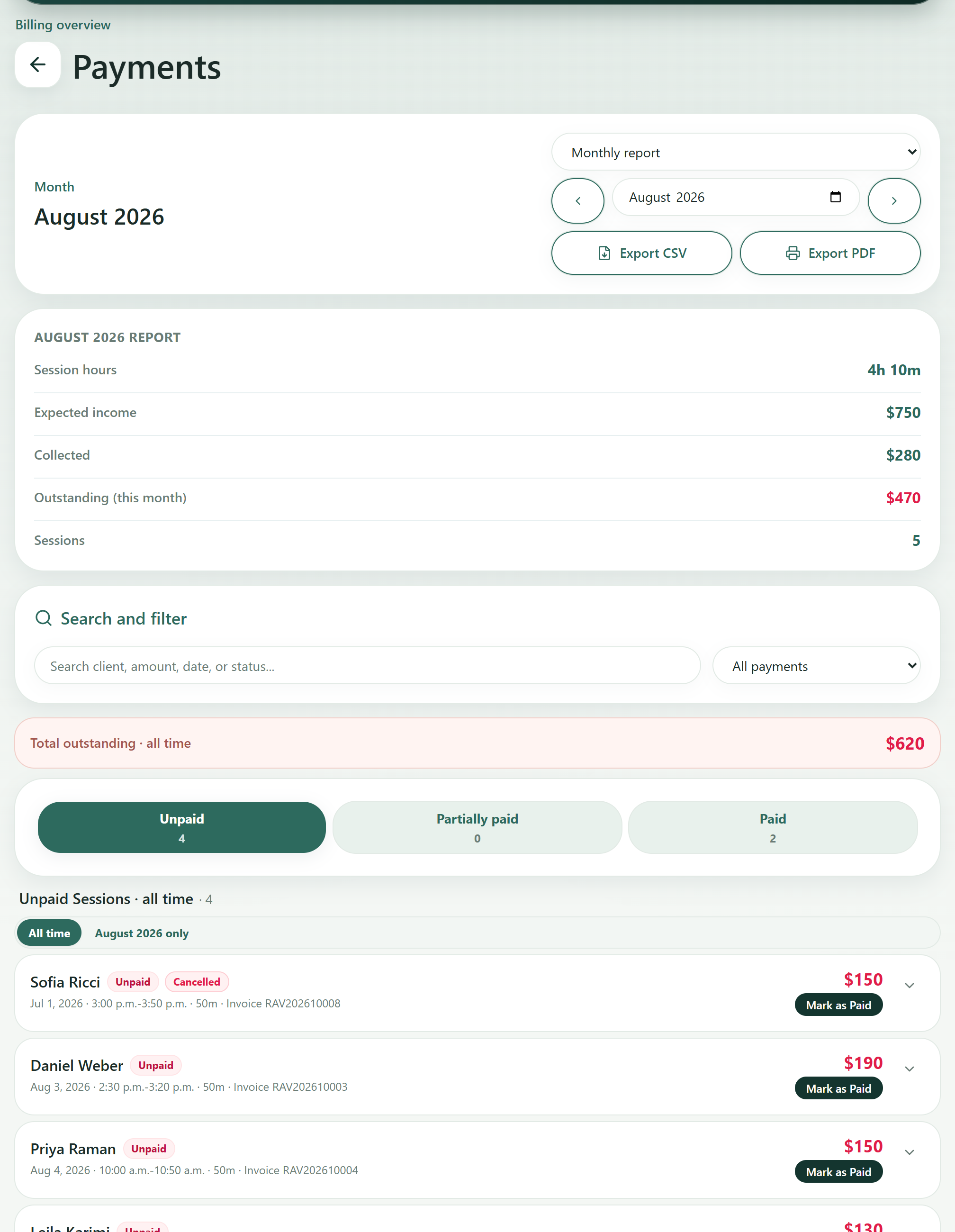 The Ravanika payments page showing a monthly report with session hours, expected income, collected and outstanding totals, alongside a filterable list of payments