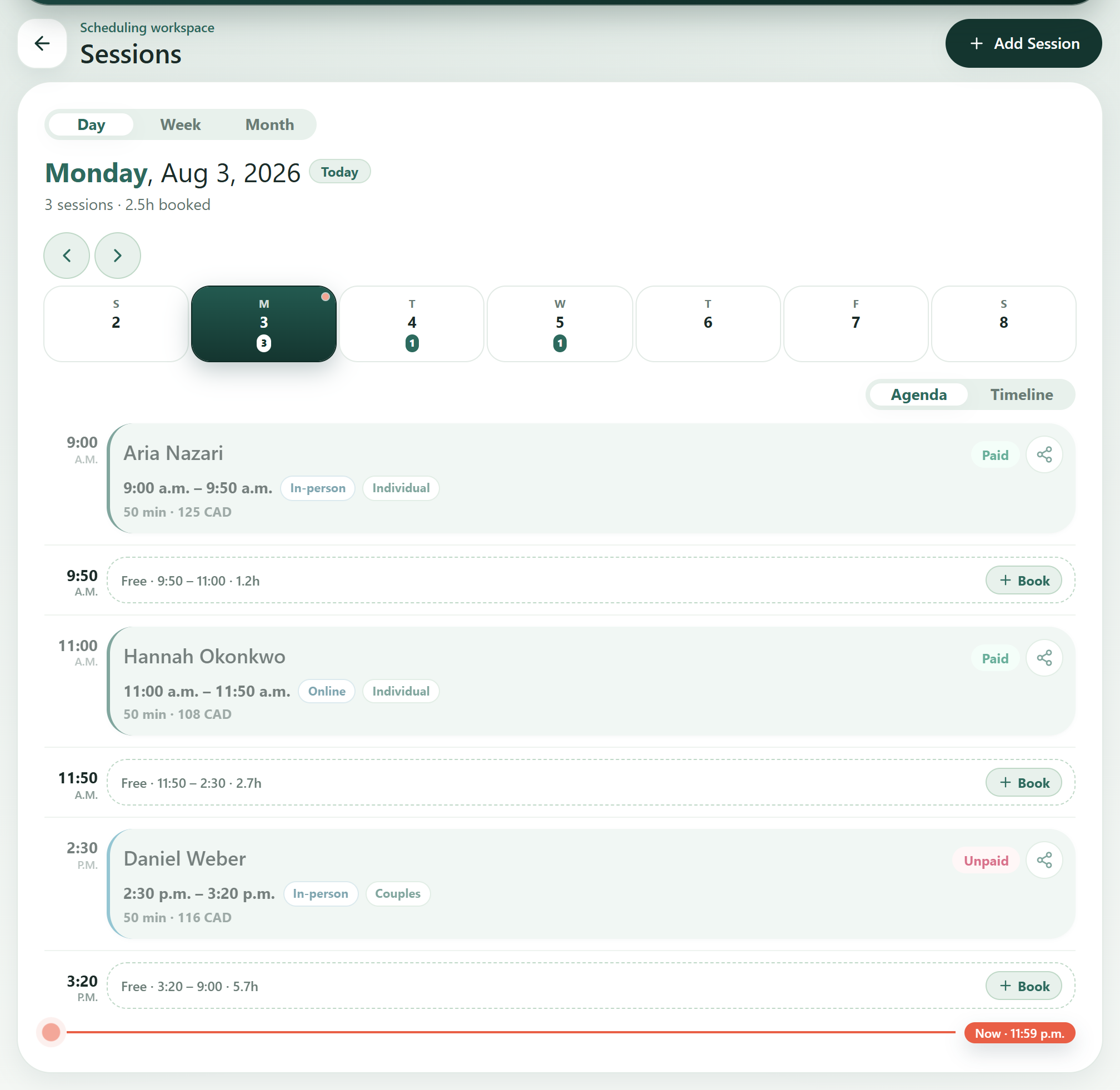 The Ravanika sessions calendar in day view, showing a week strip with session counts and an agenda of the day's appointments with client name, time, format, duration, fee, and payment status