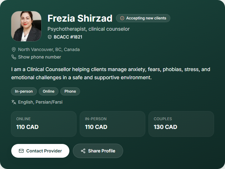 A live Ravanika provider profile page showing the provider's name, registration, session formats, languages, and fees